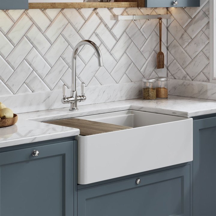 Fireclay Butler Sink  with Ledge, Grid & Chopping Board 795mm(w) x 460mm(d) x 220mm(h)
