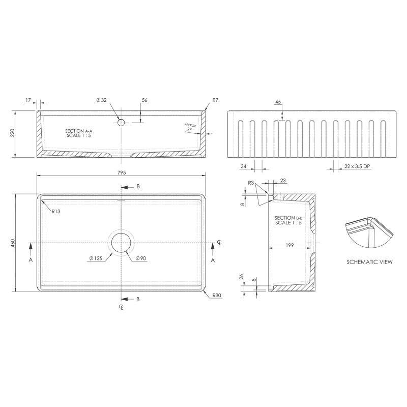Fireclay Butler Sink  with Ledge, Grid & Chopping Board 795mm(w) x 460mm(d) x 220mm(h)