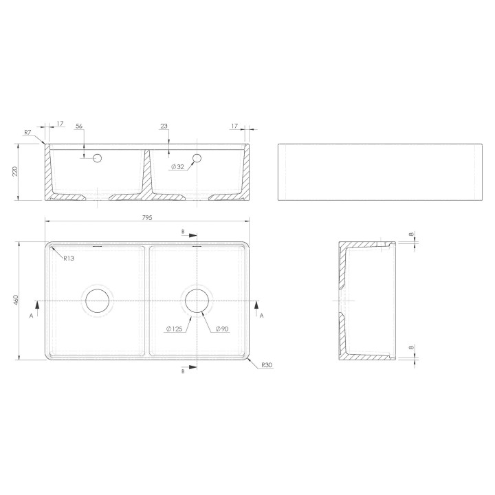 Fireclay Double Bowl Butler Sink  with Ledge 795mm(w) x 460mm(d) x 220mm(h)