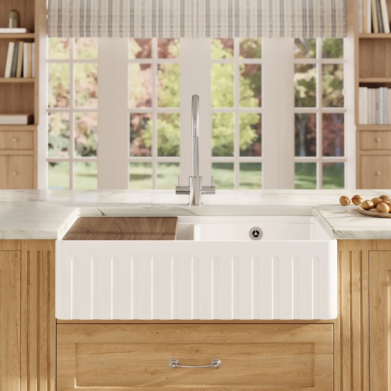 Fireclay Double Bowl Butler Sink  with Ledge, Grids & Chopping Board 795mm(w) x 460mm(d) x 220mm(h)