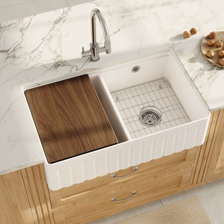 Fireclay Double Bowl Butler Sink  with Ledge, Grids & Chopping Board 795mm(w) x 460mm(d) x 220mm(h)