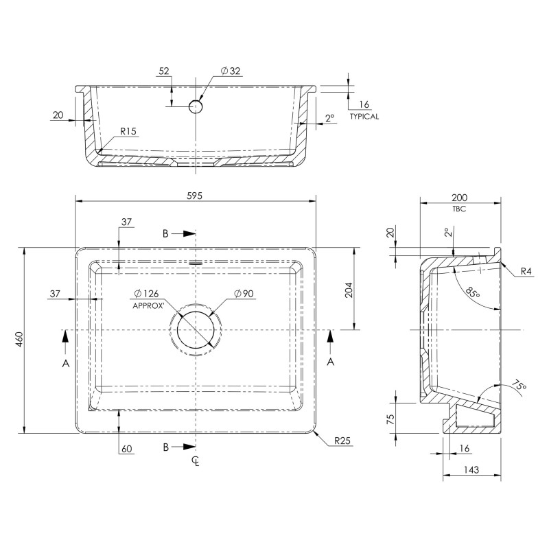 Fireclay Butler Over Mount Sink with Overflow 595mm(w) x 460mm(d) x 200mm(h)