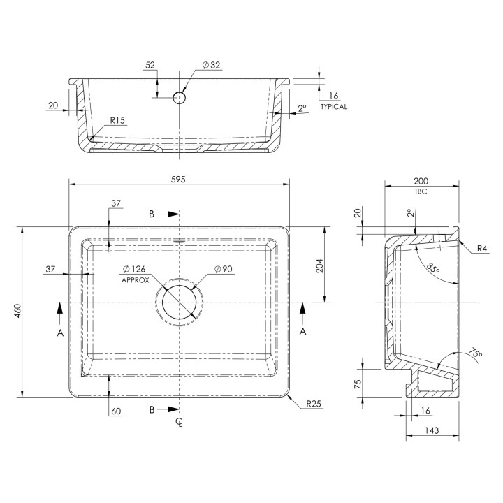 Fireclay Butler Over Mount Sink with Overflow 595mm(w) x 460mm(d) x 200mm(h)