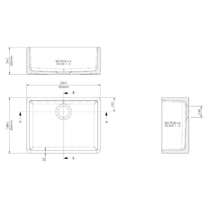 Black Fireclay Butler Sink 595mm(w) x 450mm(d) x 220mm(h)