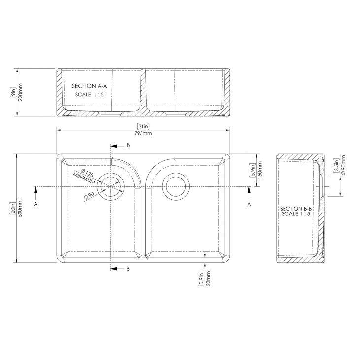 Black Fireclay Butler Sink 795mm(w) x 500mm(d) x 220mm(h)
