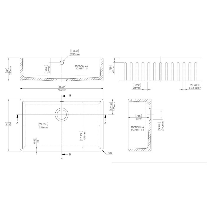 Fluted Fireclay Butler Sink 795mm(w) x 500mm(d) x 220mm(h)
