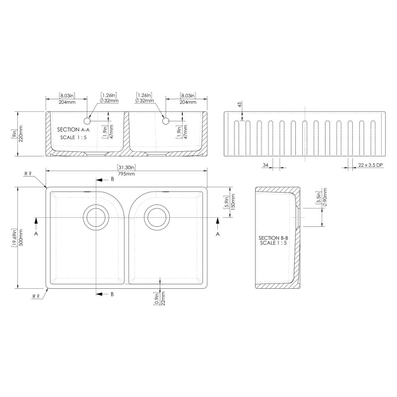 Fluted Fireclay Butler Sink Flush Weir 795mm(w) x 500mm(d) x 220mm(h)