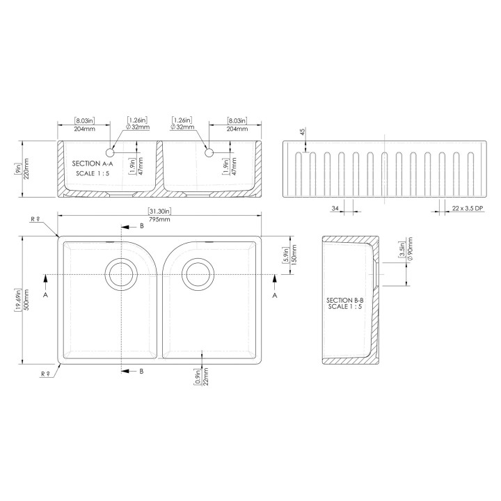 Fluted Fireclay Butler Sink Flush Weir 795mm(w) x 500mm(d) x 220mm(h)