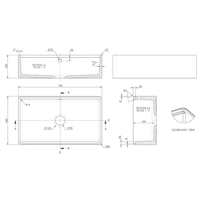Fluted Fireclay Butler Sink with Ledge 795mm(w) x 460mm(d) x 220mm(h)