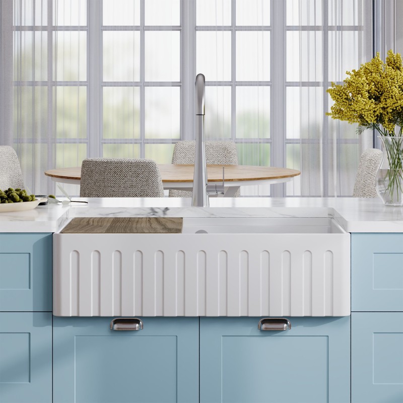 Fluted Fireclay Butler Sink with Ledge, Grid & Chopping Board 795mm(w) x 460mm(d) x 220mm(h)