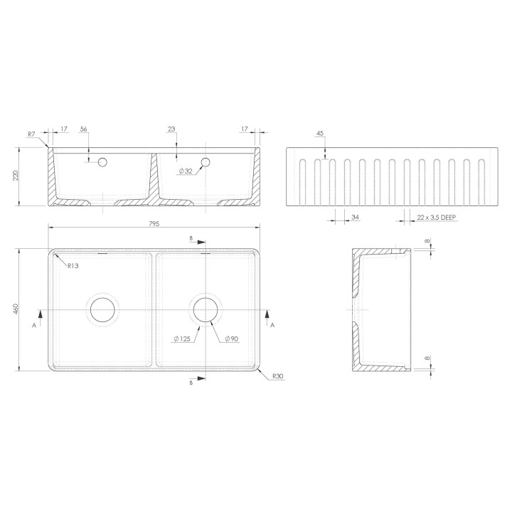 Fluted Fireclay Double Bowl Butler Sink with Ledge 795mm(w) x 460mm(d) x 220mm(h)