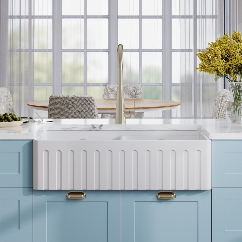 Fluted Fireclay Double Bowl Butler Sink with Ledge 795mm(w) x 460mm(d) x 220mm(h)