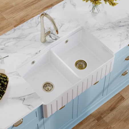 Fluted Fireclay Double Bowl Butler Sink with Ledge 795mm(w) x 460mm(d) x 220mm(h)