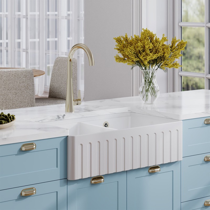 Fluted Fireclay Double Bowl Butler Sink with Ledge 795mm(w) x 460mm(d) x 220mm(h)