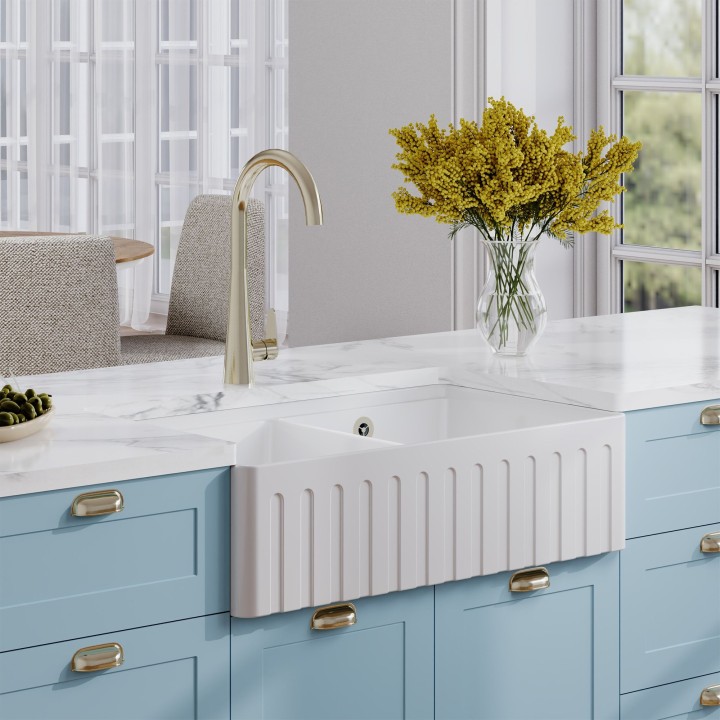 Fluted Fireclay Double Bowl Butler Sink with Ledge 795mm(w) x 460mm(d) x 220mm(h)