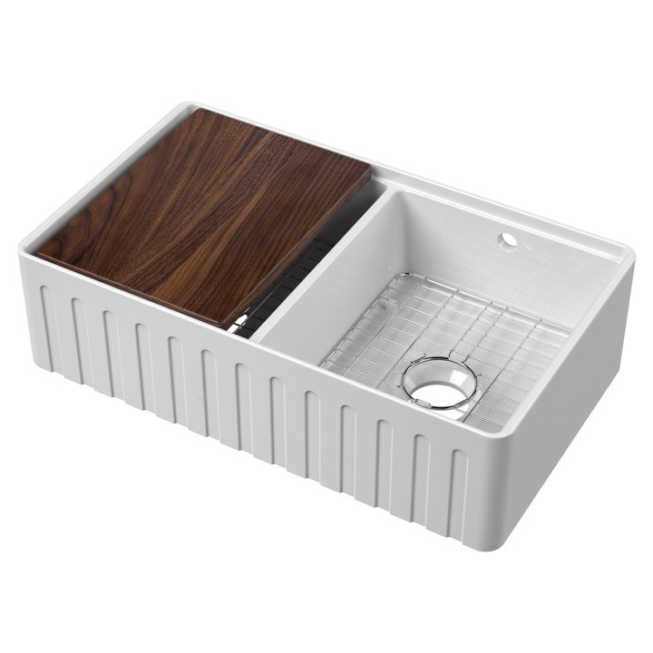 Fluted Fireclay Double Bowl Butler Sink with Ledge, Grid & Chopping Board 795mm(w) x 460mm(d) x 220mm(h)