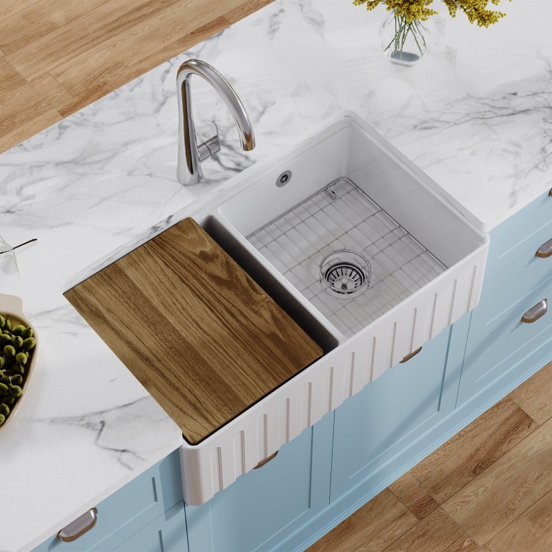 Fluted Fireclay Double Bowl Butler Sink with Ledge, Grid & Chopping Board 795mm(w) x 460mm(d) x 220mm(h)