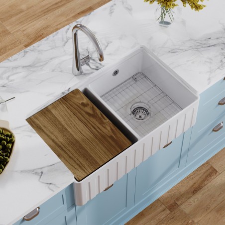 Fluted Fireclay Double Bowl Butler Sink with Ledge, Grid & Chopping Board 795mm(w) x 460mm(d) x 220mm(h)