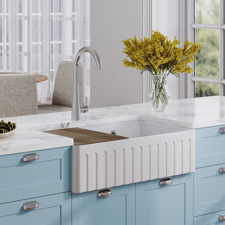 Fluted Fireclay Double Bowl Butler Sink with Ledge, Grid & Chopping Board 795mm(w) x 460mm(d) x 220mm(h)