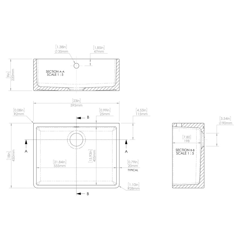 Fireclay Butler Sink Square Back 595mm(w) x 450mm(d) x 220mm(h)