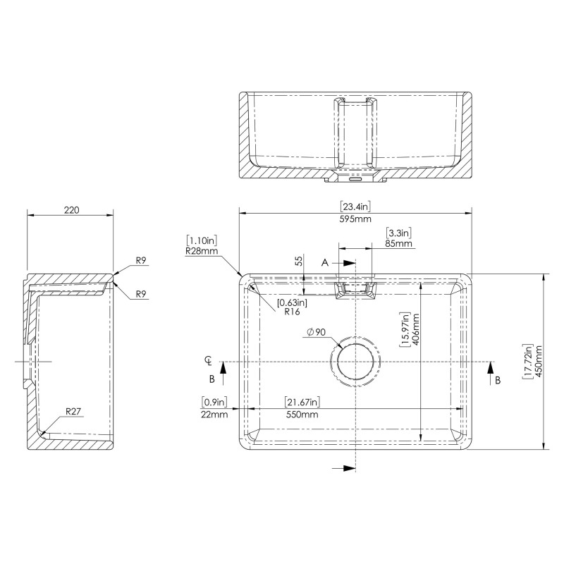 Fireclay Belfast Sink 595mm(w) x 450mm(d) x 220mm(h)
