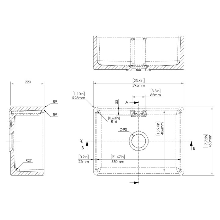 Fireclay Belfast Sink 595mm(w) x 450mm(d) x 220mm(h)