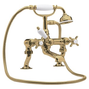 Beaumont Twin Lever Traditional Brushed Brass Deck Mounted Bath/Shower Mixer with Hand Shower & Parking Bracket
