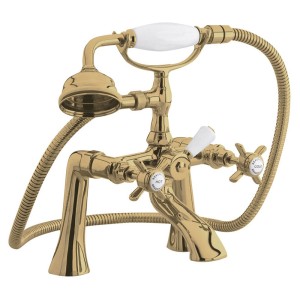 Beaumont Twin Lever Traditional Brushed Brass Deck Mounted Bath/Shower Mixer with Hand Shower & Parking Bracket