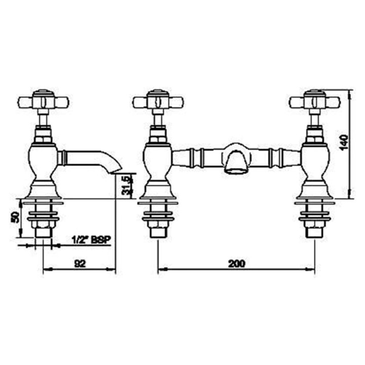 Beaumont Brushed Brass Traditional Twin Lever Deck Mounted Bath Filler Tap