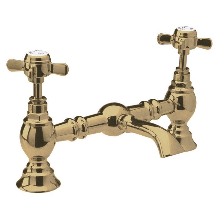 Beaumont Brushed Brass Traditional Twin Lever Deck Mounted Bath Filler Tap