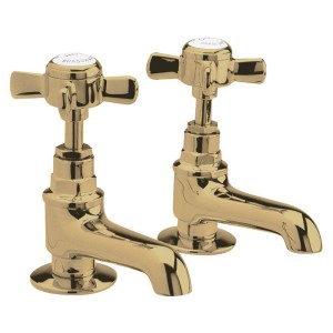 Beaumont Brushed Brass Cross Head Hex Collar Hot & Cold Basin Taps
