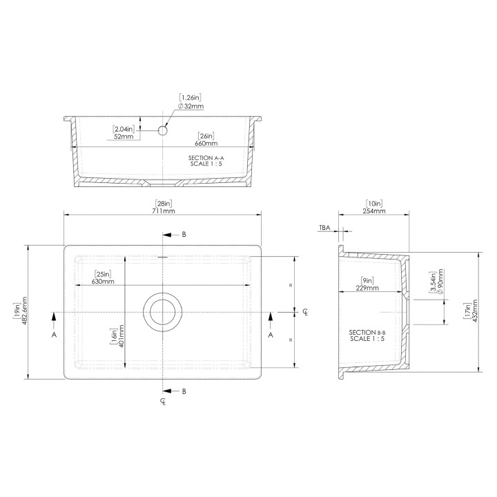 Fireclay Undermount Sink with Overflow 711mm(w) x 482mm(d) x 254mm(h)