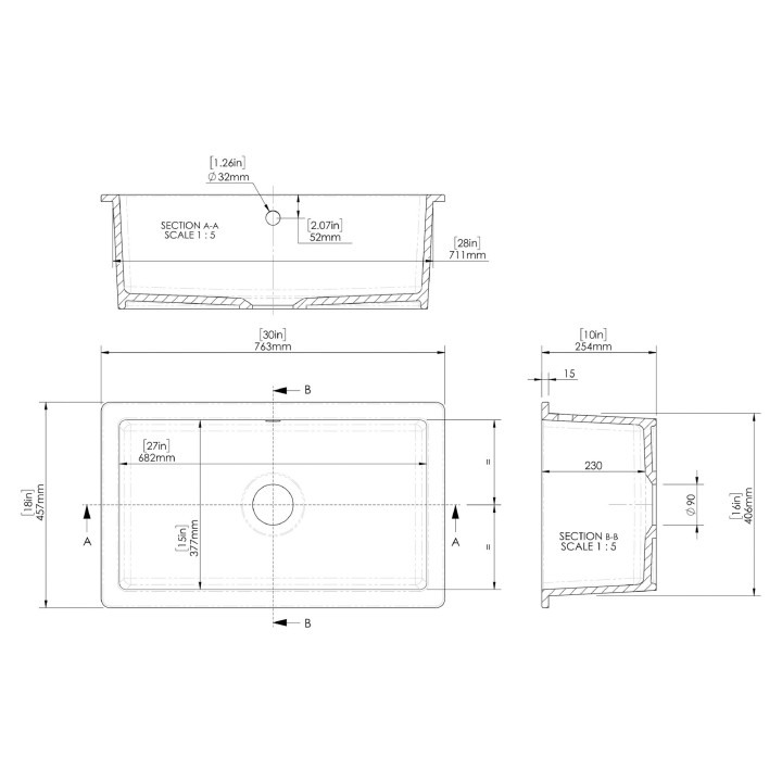 Fireclay Undermount Sink with Overflow 762mm(w) x 457mm(d) x 254mm(h)