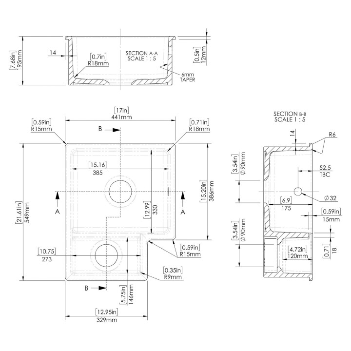 Fireclay Undermount Sink with Overflow 762mm(w) x 457mm(d) x 254mm(h)