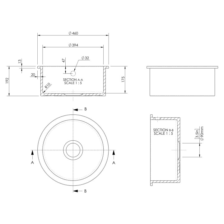 Fireclay Undermount Round Sink with Overflow 460mm(w) x 191mm(h)