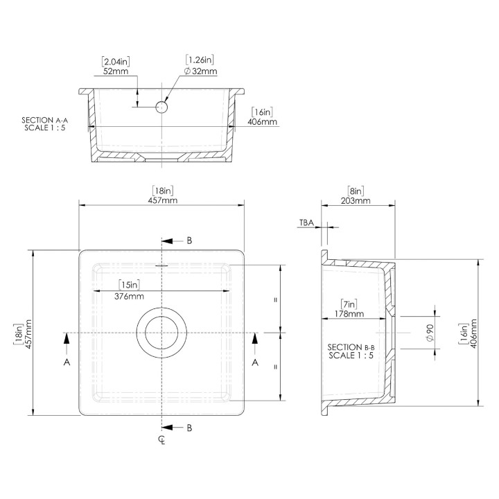Black Fireclay Undermount Sink with Overflow 457mm(w) x 457mm(d) x 203mm(h)