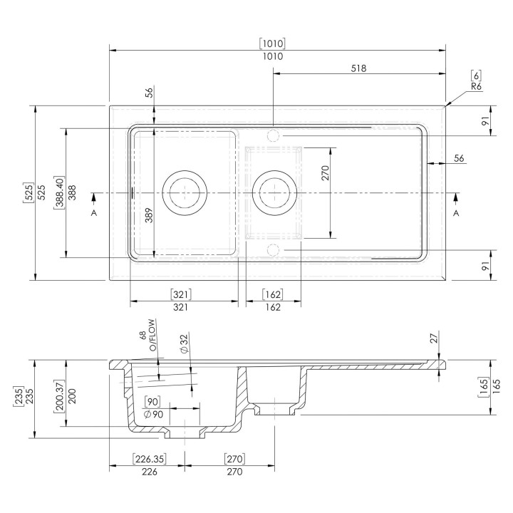 Fireclay Counter Top Sink 1.5 Bowl 1010mm(w) x 525mm(d) x 235mm(h)