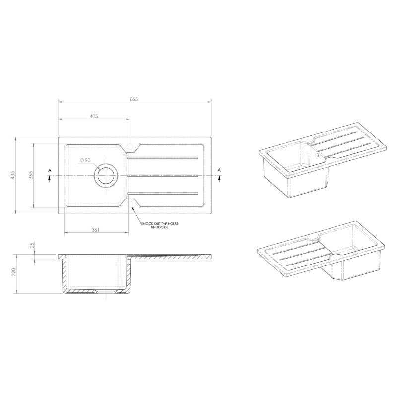 Fireclay Counter Top Sink Single Bowl 865mm(w) x 525mm(d) x 235mm(h)