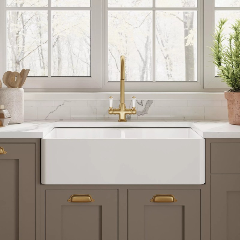 Fireclay Butler Sink 2 Bowl with Flush Weir 795mm(w) x 500(d) x 220mm(h)