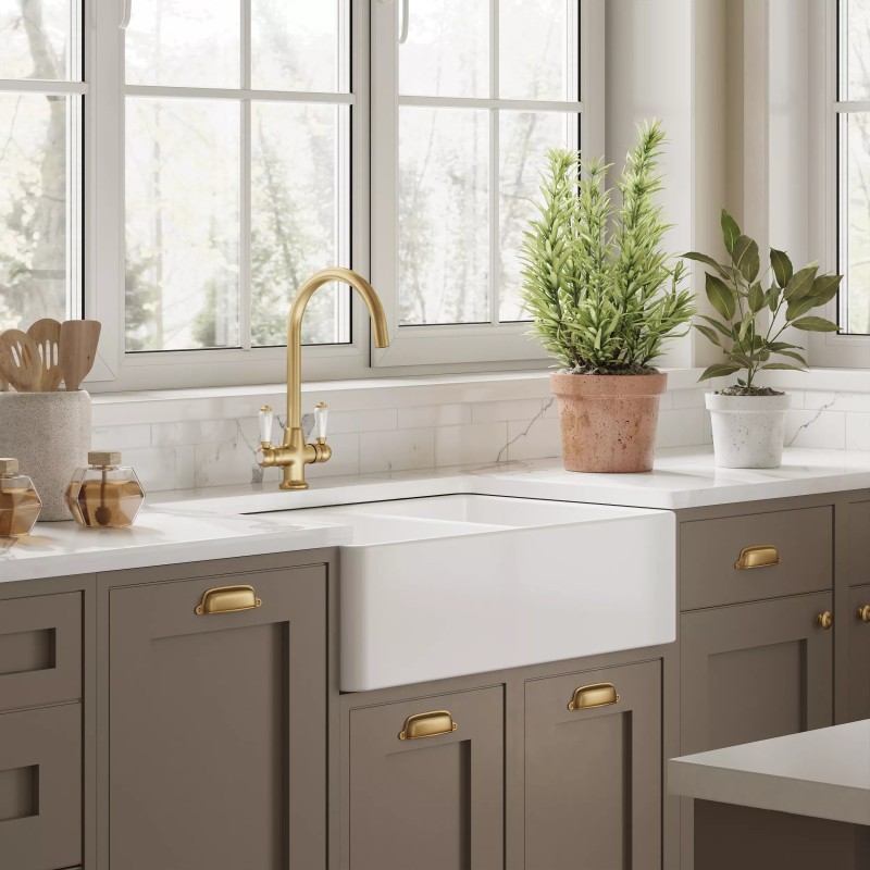 Fireclay Butler Sink 2 Bowl with Flush Weir 795mm(w) x 500(d) x 220mm(h)
