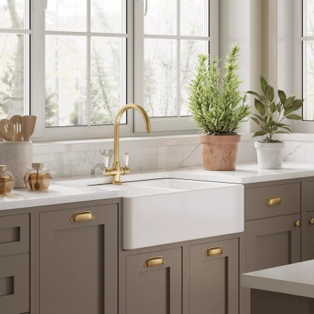 Fireclay Butler Sink 2 Bowl with Flush Weir, Tap Hole & Overflows 795mm(w) x 500(d) x 220mm(h)