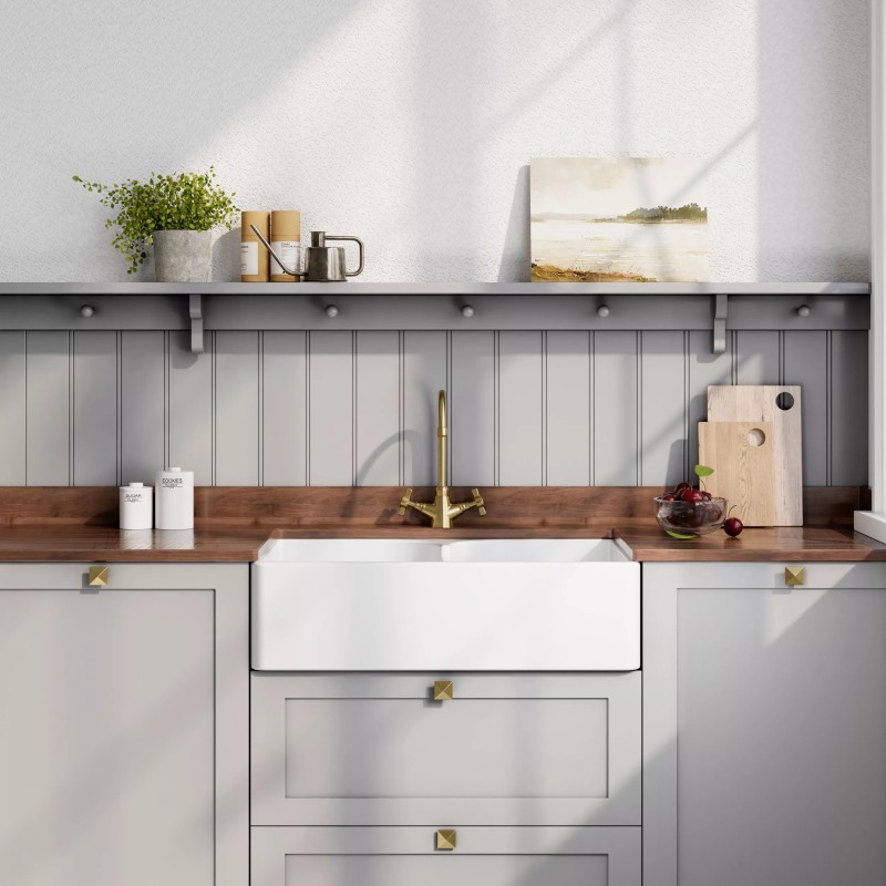 Fireclay Butler Sink 2 Bowl with Stepped Weir 795mm(w) x 500(d) x 220mm(h)