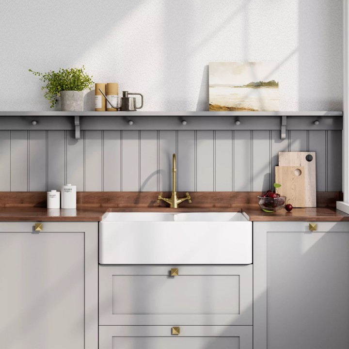 Fireclay Butler Sink 2 Bowl with Stepped Weir 795mm(w) x 500(d) x 220mm(h)