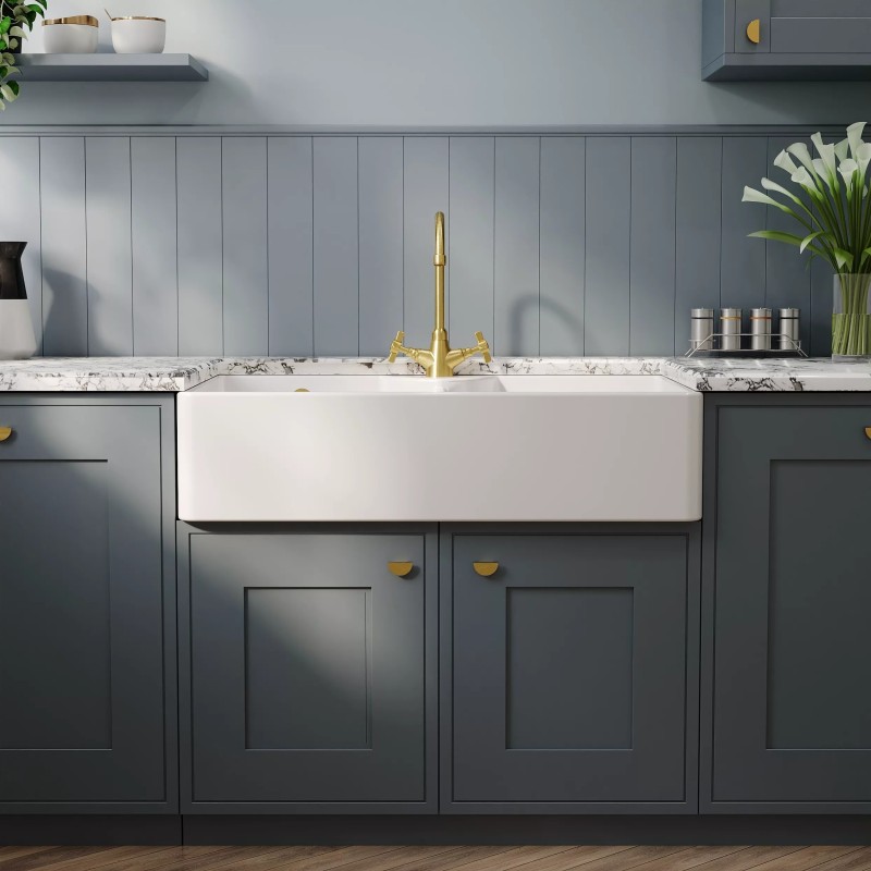 Fireclay Butler Sink  with Stepped Weir, Tap Hole & Overflows 895mm(w) x 550mm(d) x 220mm(h)