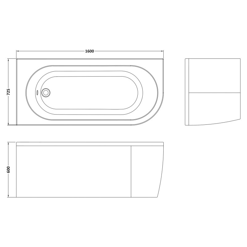 Crescent Back to Wall Corner Bath with Adjustable Feet & Panel - 1600mm(l) x 725mm(w) x 600mm(h)