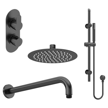 Arvan Matt Black Shower Pack - Twin Thermostatic Valve, Wall Mounted Fixed Shower Head and Slider Rail Kit