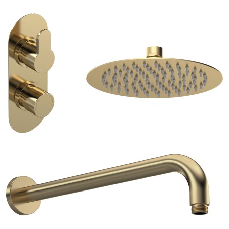 Arvan Brushed Brass Shower Pack - Twin Thermostatic Valve, Wall Mounted Fixed Shower Head