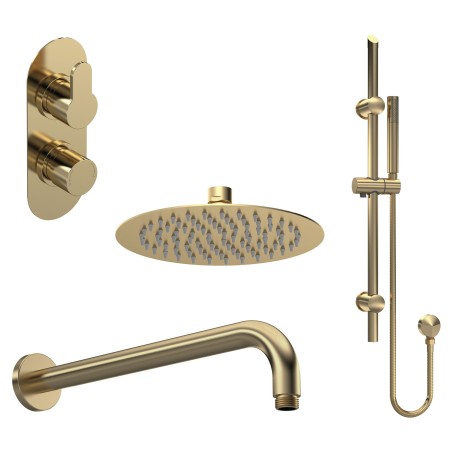 Arvan Brushed Brass Shower Pack - Twin Thermostatic Valve, Wall Mounted Fixed Shower Head and Slider Rail Kit