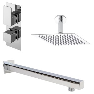 Windon Chrome Shower Pack - Twin Thermostatic Valve, Wall Mounted Fixed Shower Head