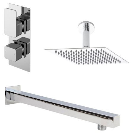 Windon Chrome Shower Pack - Twin Thermostatic Valve, Wall Mounted Fixed Shower Head